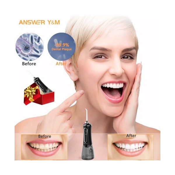 Hydropulseur Vainqueur du test 2024, 300 ml hydropulseur sans fil, IPX7 pour la maison et le voyage pour les braces et le pon