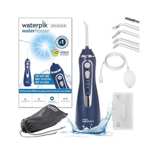 Waterpik Advanced - Hydropulseur Dentaire Sans Fil, Jet Dentaire Portable Rechargeable avec Câble USB, Élimine la Plaque, 3 N