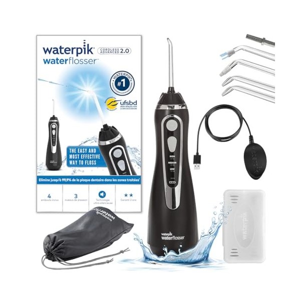 Waterpik Advanced - Hydropulseur Dentaire Sans Fil, Jet Dentaire Portable Rechargeable avec Câble USB, Élimine la Plaque, 3 N...
