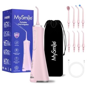 MySmile Hydropulseur dentaire sans fil, 5 modes de nettoyage, 8 embouts de jet remplaçables, IPX 7, étanche, rechargeable par