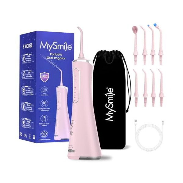 MySmile Hydropulseur dentaire sans fil, 5 modes de nettoyage, 8 embouts de jet remplaçables, IPX 7, étanche, rechargeable par