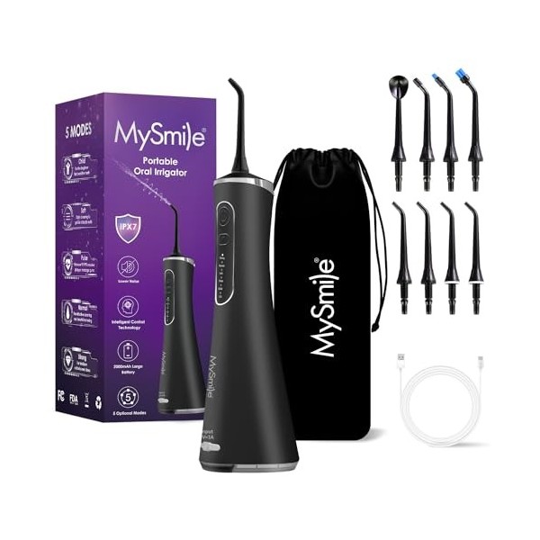 MySmile Hydropulseur dentaire sans fil, 5 modes de nettoyage, 8 embouts de jet remplaçables, IPX 7, étanche, rechargeable par...