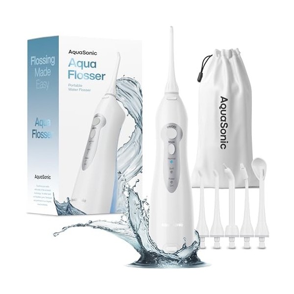 Aquasonic Aqua Flosser – Hydropulseur professionnel rechargeable avec 4 embouts – Irrigateur buccal avec 3 modes – Hydropulse