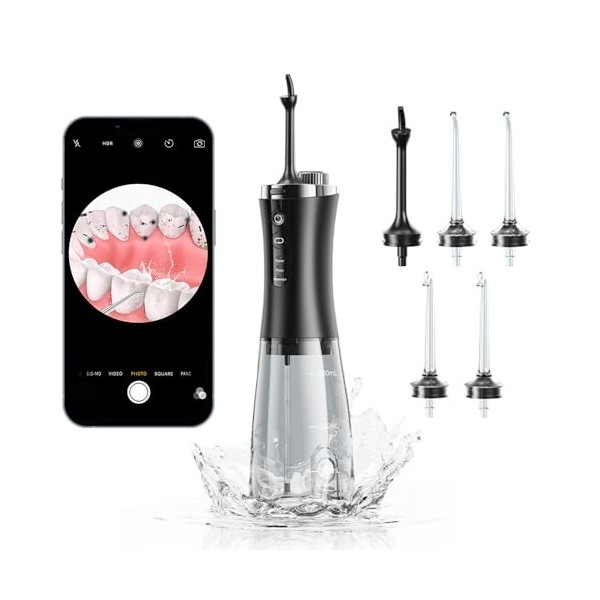 Hydropulseur dentaire pour les dents avec appareil photo, caméra HD 1080p sans fil, irrigateur buccal sans fil, 5 embouts de 