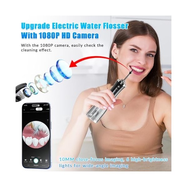 Hydropulseur dentaire pour les dents avec appareil photo, caméra HD 1080p sans fil, irrigateur buccal sans fil, 5 embouts de 