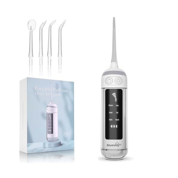 BlumWay Hydropulseur jet Dentaire Portable, Irrigateur Oral Professionnel IPX7 Étanche, 4 Buses 6 Modes, USB Irrigateur Profe