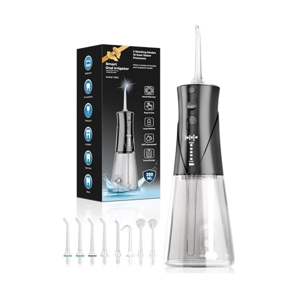 Hydropulseur dentaire électrique sans fil - 3 modes et 5 intensités avec 8 buses - Réservoir deau de 300 ml - Rechargeable U