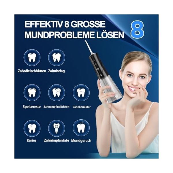 Hydropulseur dentaire électrique sans fil - 3 modes et 5 intensités avec 8 buses - Réservoir deau de 300 ml - Rechargeable U