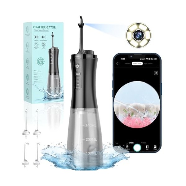 VITCOCO Jet Dentaire Hydropulseur avec caméra, 1080P HD Detartreur Dentaire avec 2 Modes 12 Vitesses et 5 Embouts de Jet 350M