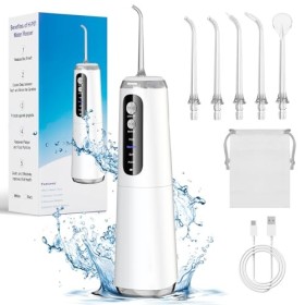 Hydropulseur Portable Jet Dentaire avec 5 Buses et 4 Modes, 280 ML Réservoir deau | USB-C Rechargeable | IPX7 Etanche, Irrig