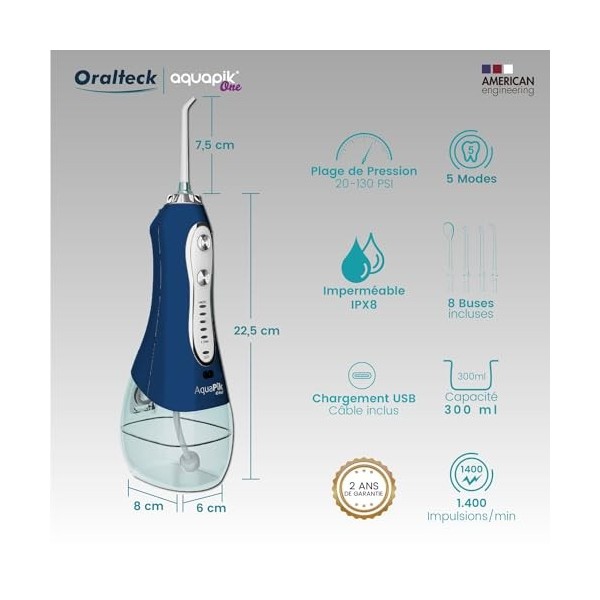 Aquapik One, Irrigateur dentaire et nasal portable. Comprend 8 buses multifonctionnelles. 5 modes dutilisation.Capacité 300 