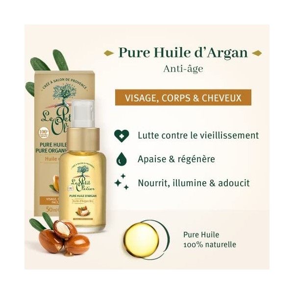 LE PETIT OLIVIER - Pure Huile dArgan Bio - Anti-Âge - Hydrate, Nourrit & Raffermit - Corps, Visage & Cheveux - 100% Naturell