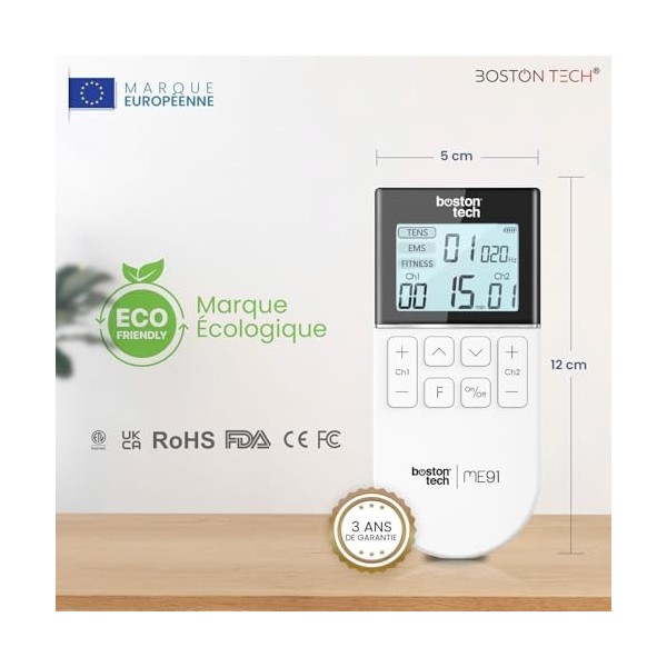 Boston Tech® Elettrostimolatore Muscolare | 3 en 1: TENS + EMS + Fitness | Soulagement Efficace de la Douleur + Entraînement 