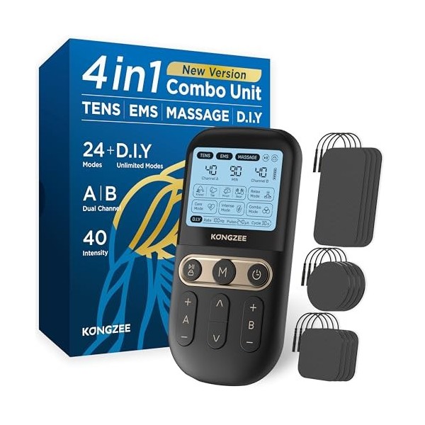 4 en 1 Unité DIY & Tens & EMS & Massage Stimulateur musculaire, Machine de thérapie à TENS pour soulager la douleur, Masseur 