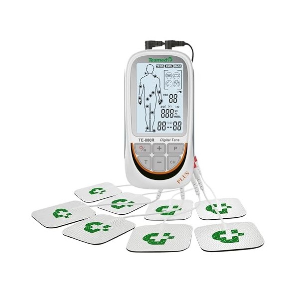 TESMED TE-880R Plus Électrostimulateur Musculaire Rechargeable, EMS, TENS, Massage - 73 programmes dont 2 personnalisables - 