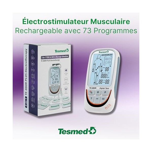 TESMED TE-880R Plus Électrostimulateur Musculaire Rechargeable, EMS, TENS, Massage - 73 programmes dont 2 personnalisables - 