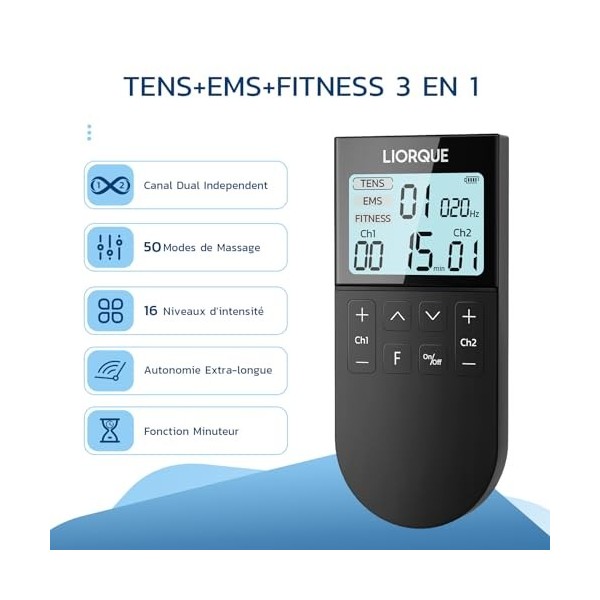 LIORQUE Électrostimulateur Musculaire, Stimulateur Musculaire TENS avec 2 Canaux Indépendant, Avec 3 Modes de Fonctionnement 