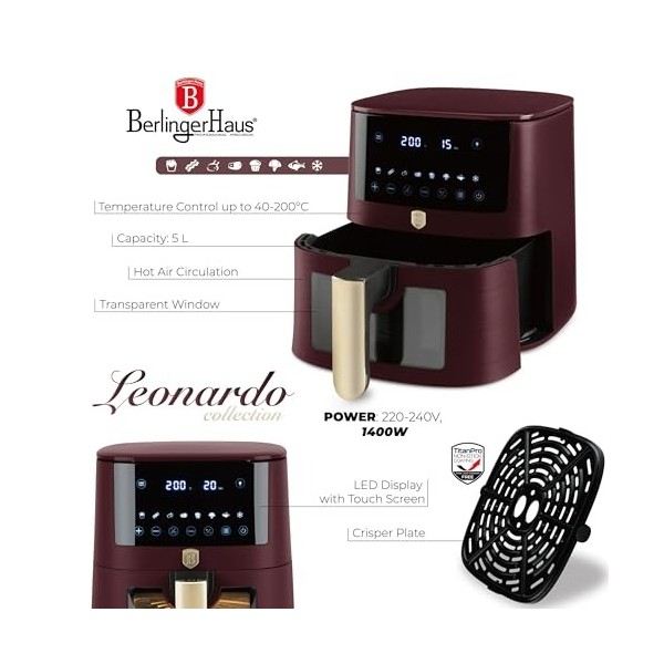 Berlinger Haus Leonardo Collection Friteuse numérique à air chaud, 5 l, avec 8 fonctions de cuisson automatique, écran tactil