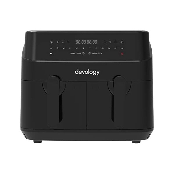 Devology Double friteuse à air comprimé – 9 L – 2 zones de cuisson indépendantes de 4,5 L – Livret de recettes gratuit – 12 p