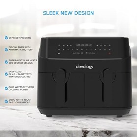 Devology Double friteuse à air comprimé – 9 L – 2 zones de cuisson indépendantes de 4,5 L – Livret de recettes gratuit – 12 p