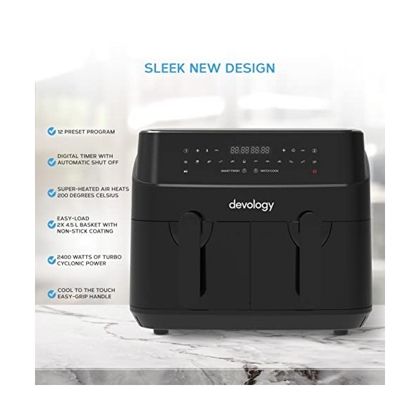 Devology Double friteuse à air comprimé – 9 L – 2 zones de cuisson indépendantes de 4,5 L – Livret de recettes gratuit – 12 p
