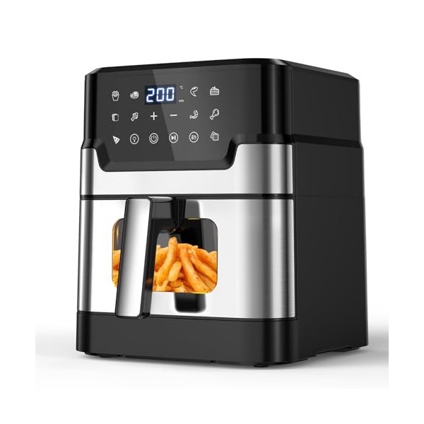 Friteuse sans Huile 6L, Air Fryer XXL avec Cavité en Métal, Friteuse à Air Chaud Airfryer avec Fenêtre Visible, 10 Fonctions,