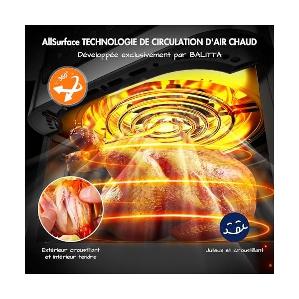 Friteuse sans Huile 6L, Air Fryer XXL avec Cavité en Métal, Friteuse à Air Chaud Airfryer avec Fenêtre Visible, 10 Fonctions,