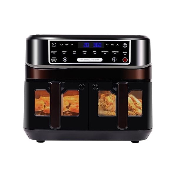 Friteuse à Air Chaud à 2 Compartiments avec fenêtre, Emphsism 10L Double Friteuse Sans Huile XXL Air fryer avec tiroirs de 2 