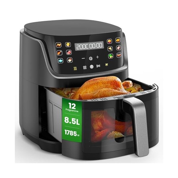 Air Fryer XXL 8,5L avec Écran Tactile LED, 12 Fonctions, Friteuse Sans Huile avec Fenêtre, Lavable au Lave-Vaisselle, 1785W F