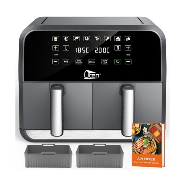Uten Friteuses à Air Double Zone, 8 L Friteuse Sans Huile avec Fenêtre visualisation, 2 Tapis en Silicone, 114 Recettes, 8 en