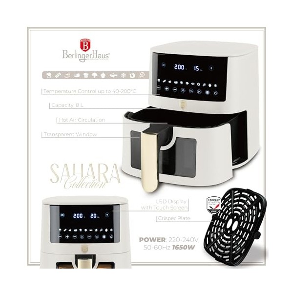 Berlinger Haus Air fryer - Friteuse numérique à air chaud - 8 l - Avec 8 fonctions de cuisson automatique - Écran tactile 8 p