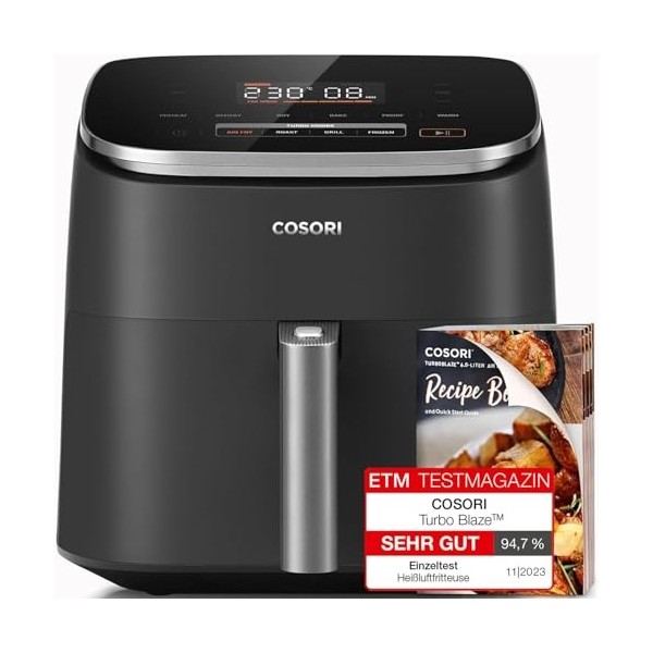 Friteuse à air chaud COSORI XXL Turbo Blaze, friteuse à air 6L avec 5 niveaux de vitesse et autocuiseur, 9 en 1, multicuiseur