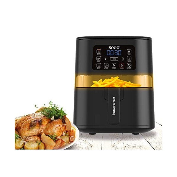 Sogo 10820 Friteuse sans huile à air chaud avec fenêtre, 6 programmes, recette, 100-200 °C, écran LED tactile, minuteur, 1600