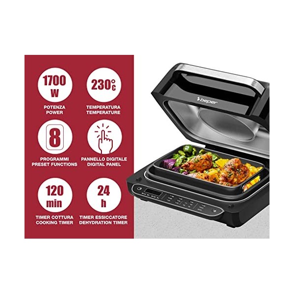 BEPER P101FRI080 CUCINOTTO Robot à Air Chaud Multifonctions avec 8 Programmes - Friteuse, Gril sans Fumée, Four, Plaque de Cu