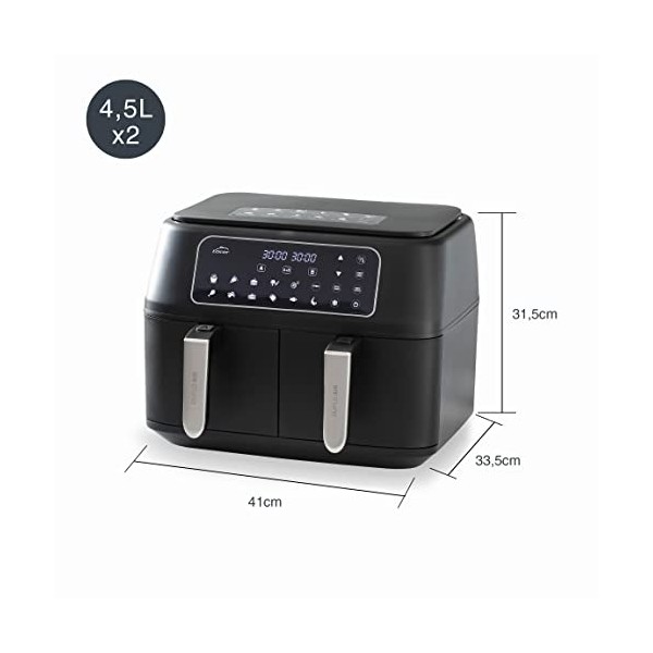Lacor - 69508 - Friteuse sans huile DuploAir, Friteuse à air avec écran tactile, Panier double, Comprend Livre de recettes, 1
