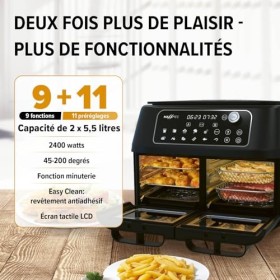 MAXXMEE Friteuse à air chaud à double chambre 11 l | Combinaison intelligente de four à air chaud, grill et friteuse avec 2 c