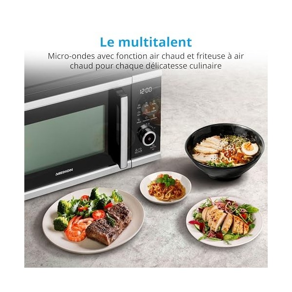 MEDION Micro-onde avec air fryer Friteuse sans huile à air chaud integrée, 25L, 900W, 1500 W air chaud, 10 programmes automa