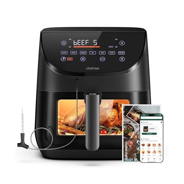 CHEFREE Air Fryer, 6.5L airfryer avec Sonde de Température, Écran Tactile LED et Vitre dObservation, 7 Programmes pour une C