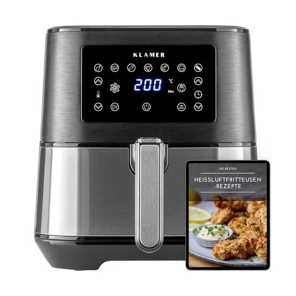KLAMER Friteuse à air chaud 5,5l XXL, Friteuse sans huile, 1700W Airfryer avec écran tactile LED, livre de recettes numérique