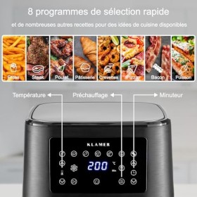KLAMER Friteuse à air chaud 5,5l XXL, Friteuse sans huile, 1700W Airfryer avec écran tactile LED, livre de recettes numérique