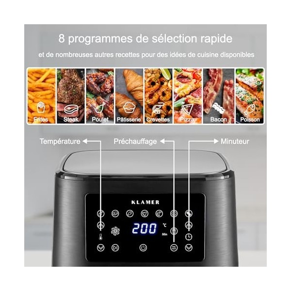 KLAMER Friteuse à air chaud 5,5l XXL, Friteuse sans huile, 1700W Airfryer avec écran tactile LED, livre de recettes numérique