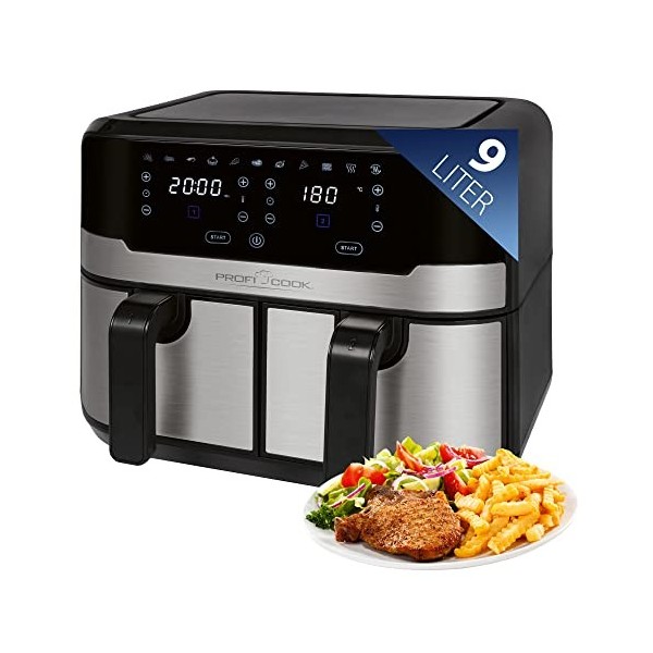 ProfiCook Friteuse à air chaud double 9 litres - XXL Friteuse à air chaud double chambre - avec air chaud sans huile suppléme