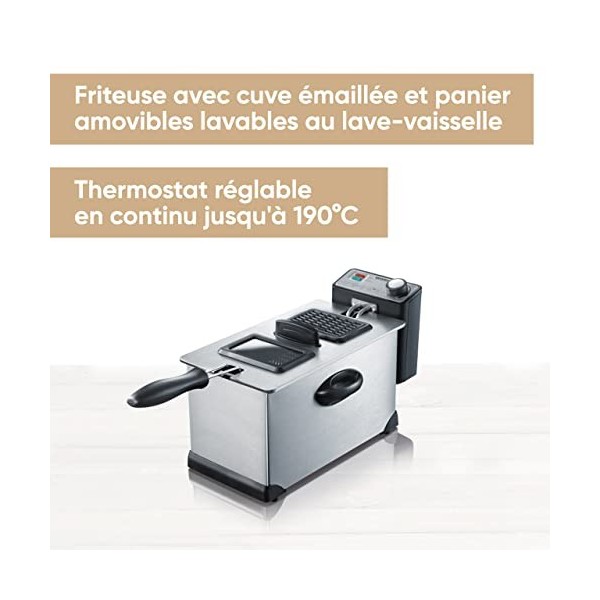 SEVERIN Friteuse 2 000 W, Friteuse électrique en inox d’une capacité de 3 L, Appareil de cuisson pour frites, légumes, viande