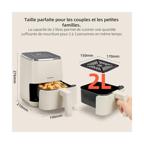 Aigostar - Air Fryer 2L, Friteuse à air avec 8 programmes et écran tactile LED, Réglage du temps et de la température, Grille