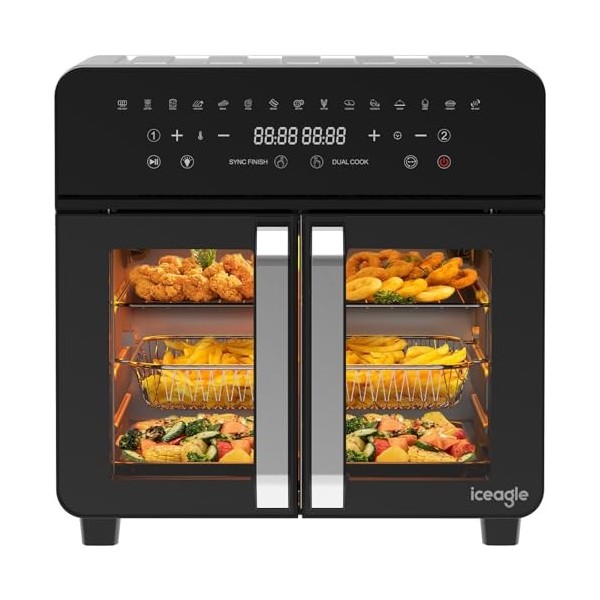 iceagle Friteuse Sans Huile 23L Dual Zone – XXL Friteuse à Air avec Porte Française | Air Fryer Oven, 15 Programmes, 2200W, 1