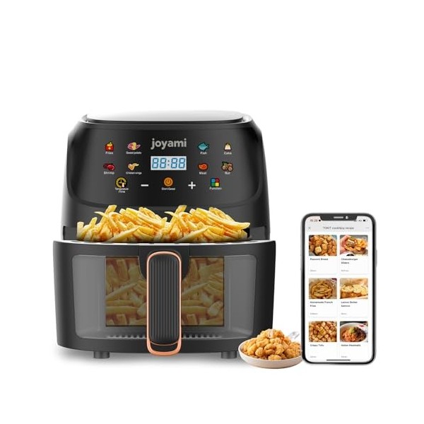 joyami Friteuse à Air Chaud Sans Huile Electrique 5,7L XXL Air Fryer avec Fenêtre Visuell 100+Recettes en Line 8 Programmes d