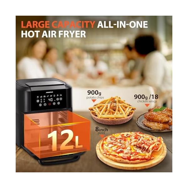 Aigostar Owen - Mini Four Air fryer 12L, Friteuse air fryer 8 Prédéfinies, Écran Tactile LED, 7 Accessoires inclus, Système r