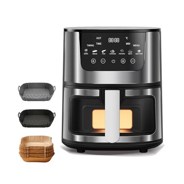 Air Fryer, 7L Friteuse sans huile, SIL VER CREST 2400W, Finitions en Acier Inoxydable, Ecran Tactile Digital, Économie Déner