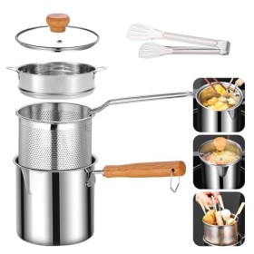 Petite friteuse profonde avec panier, couvercle, cuiseur vapeur et pinces, friteuse en acier inoxydable 304, friteuse à écono