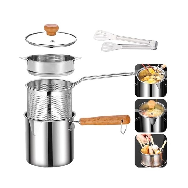 Petite friteuse profonde avec panier, couvercle, cuiseur vapeur et pinces, friteuse en acier inoxydable 304, friteuse à écono